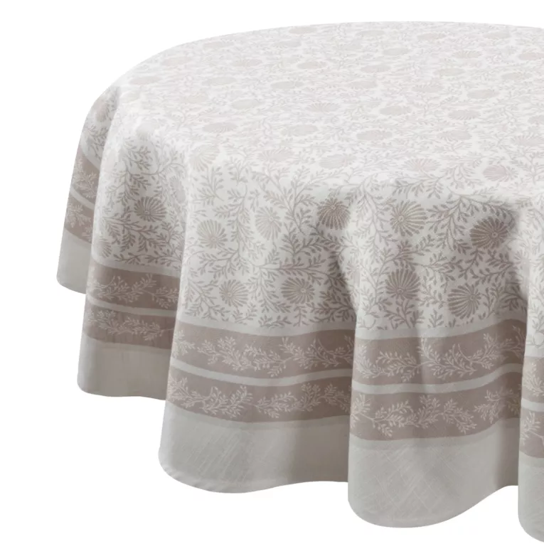 Obrus okrągły średnica 140 cm beżowo, naturalny SUMMER 10 zdobiony nadrukiem delikatnych gałązek