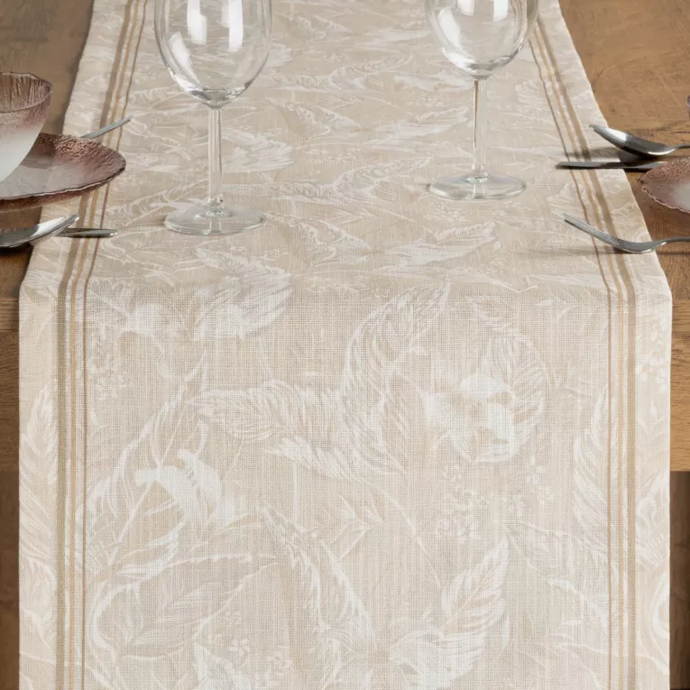 Bierznik na stół 40x140 cm beżowo, kremowy w wzorem roślinnym SUMMER13 - kolekcja FOREST SUMMER