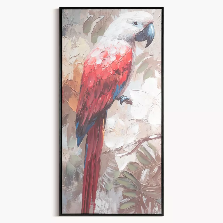 Obraz biało, niebieski ręcznie malowaną na płótnie papugą 50x100 cm