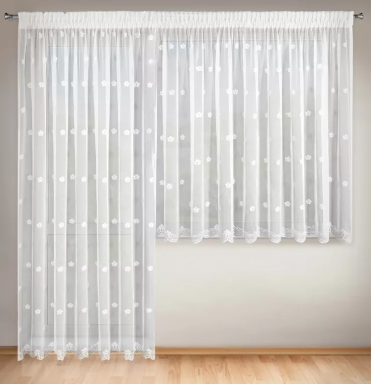 Komplet białych firan 2 szt na okno balkonowe zdobiona haftowanymi drobnymi srebrnymi kwiatuszkami 400x160 cm / 200x250 cm taśma DAISY