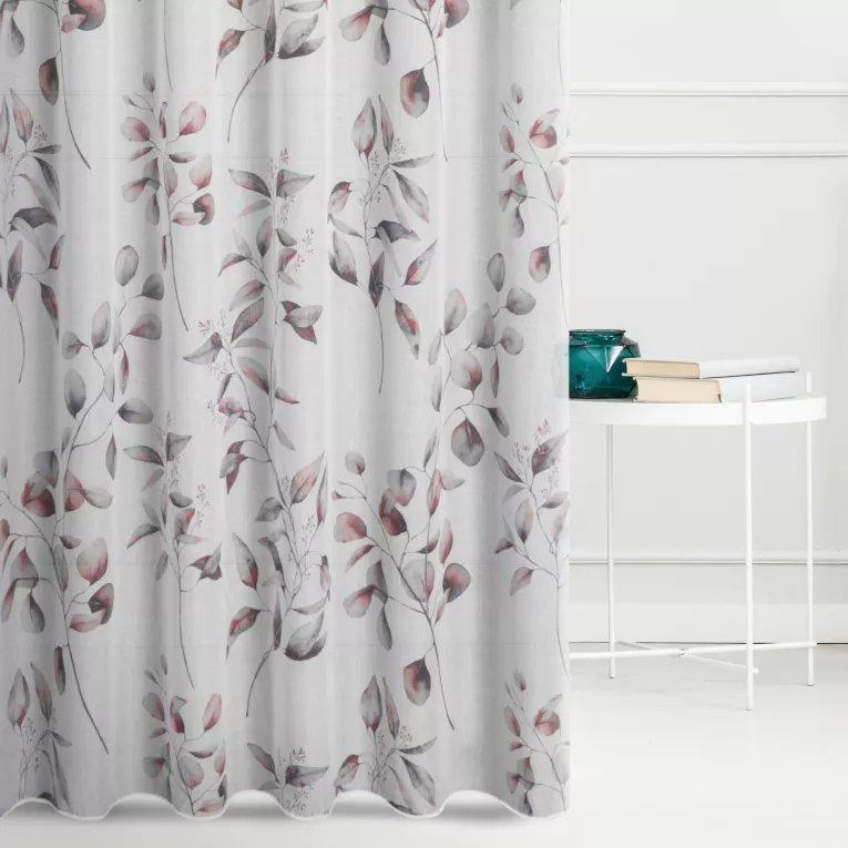 Tkanina firanowa lekka matowa etamina z botanicznym nadrukiem delikatnych gałązek, wykończona obciążnikiem