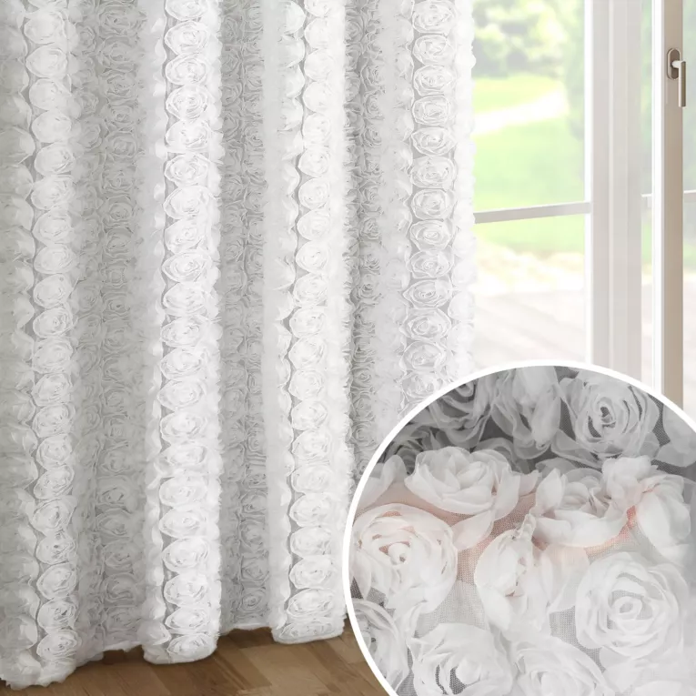 Zasłona biała z siateczki zdobiona różami 3D 140x270 cm taśma - ROSES1 Eva Minge