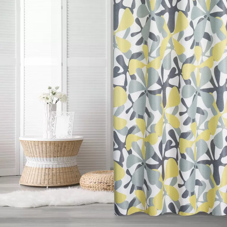 Zasłona biało, żółta w graficzny wzór kwiatów 140x250 cm przelotka - DORIN - Design 91