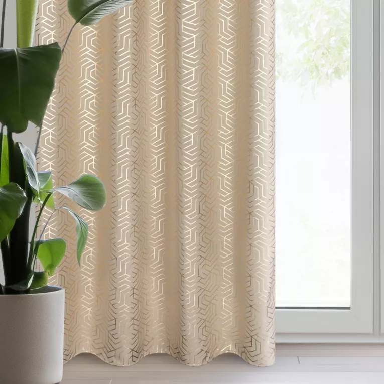 Zasłona ciemnobeżowo, szampańska zdobiona nadrukiem geometrycznym 140x250 cm przelotka - SEMI