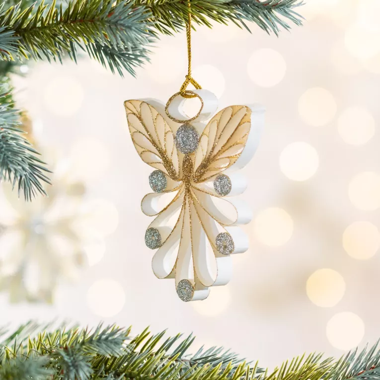 Ozdoba choinkowa aniołek w stylu eko zdobiona delikatnymi drobinkami brokatu
