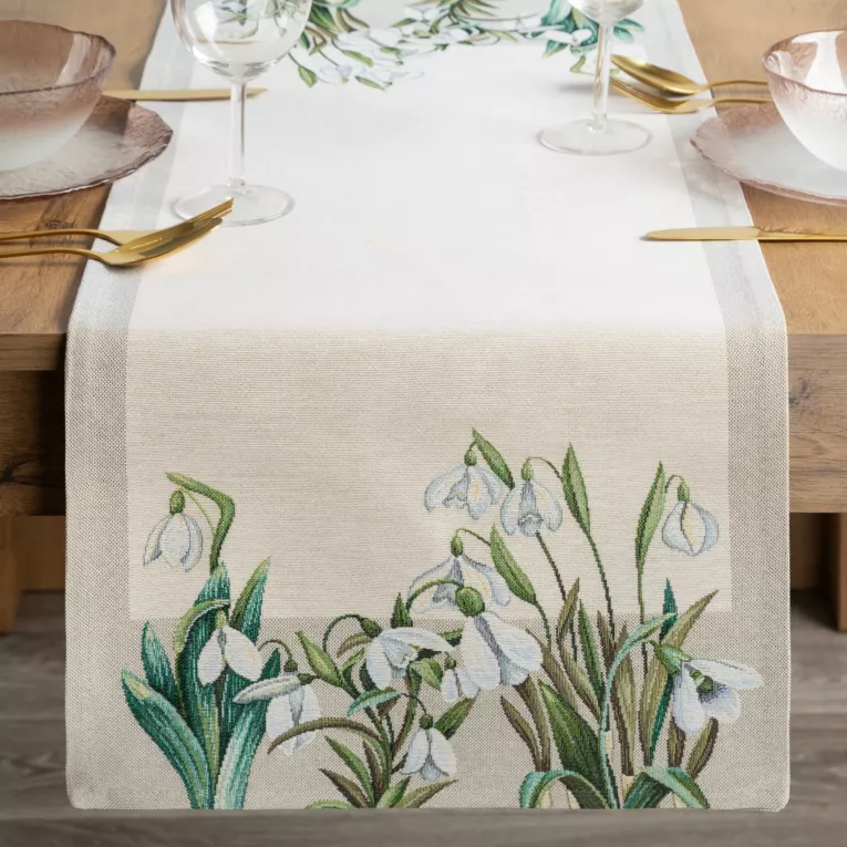 Bieżnik na stół naturalno, biały 40x100 cm gobelinowy z motywem przebiśniegów