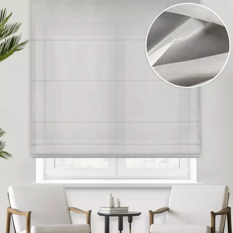 Roleta rzymska biało szampańska z matowej tkaniny szyfonowej z błyszczącym nadrukiem