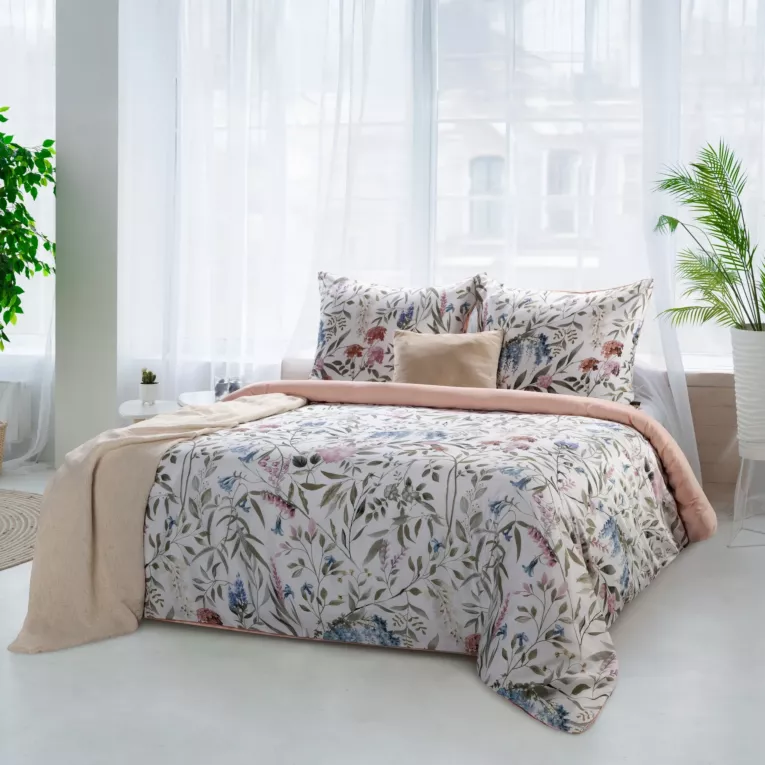 Pościel 140x200 cm bawełniana kolor biały, zielony z motywem botanicznym SPRING 51