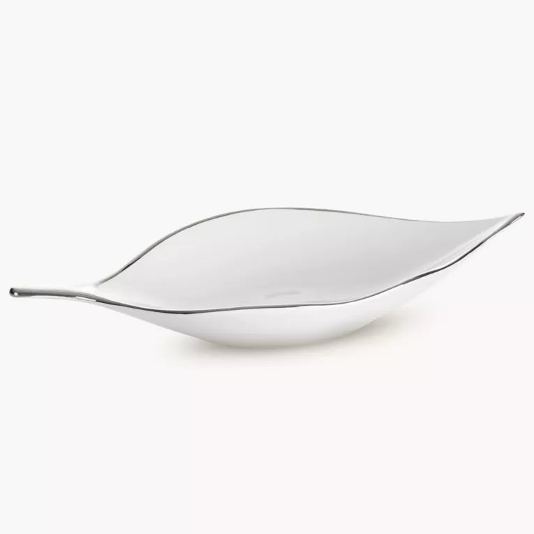 Patera ceramiczna biało-srebrna  w kształcie liścia 18x40x7 cm ABBI