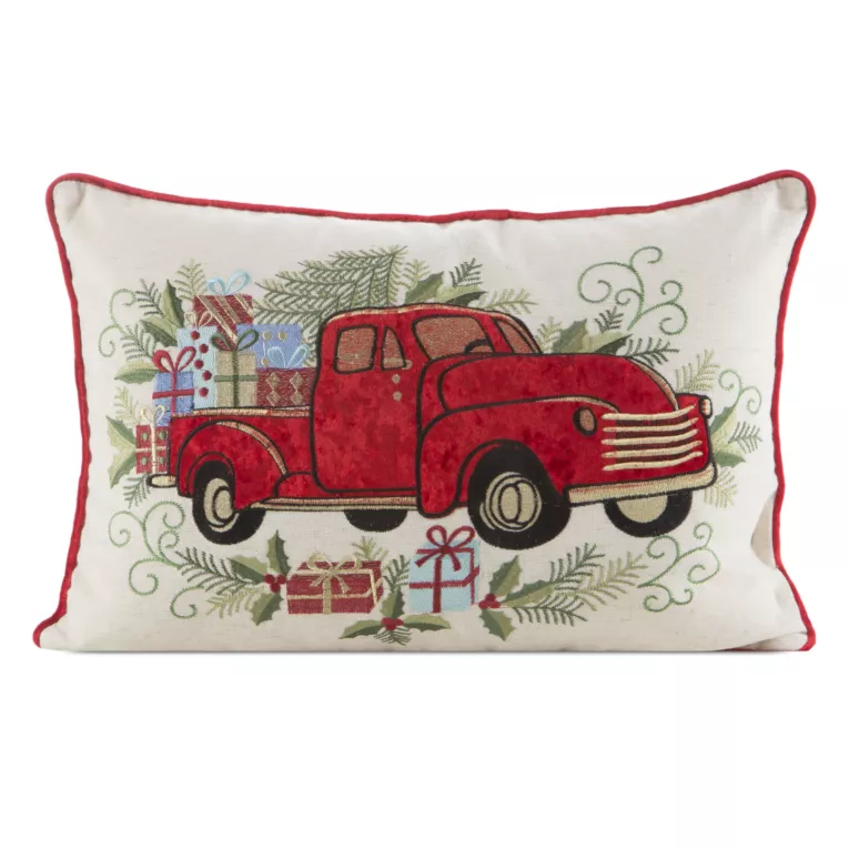 Poszewka na poduszkę świąteczna 35x50 cm czerwono, zielona zdobiona haftem autka
