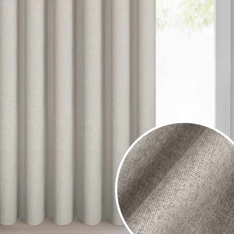 Zasłona beżowa 100% zaciemniająca o naturalnym widocznym splocie 140x270 cm taśma - ZOEY