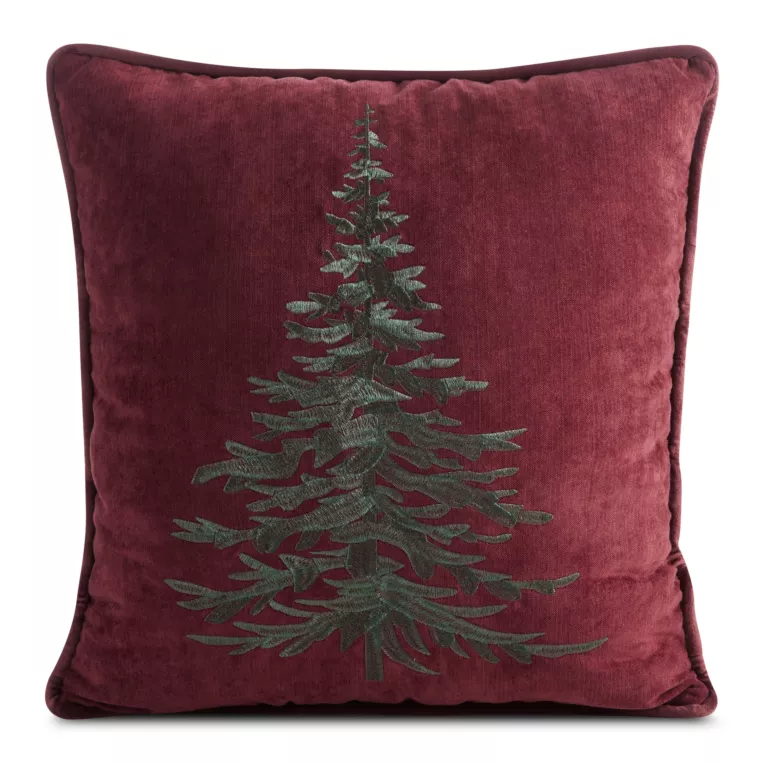 Poszewka na poduszkę świąteczna 45x45 cm welwetowa bordowo, zielona z szenilu zdobiona haftem choinki
