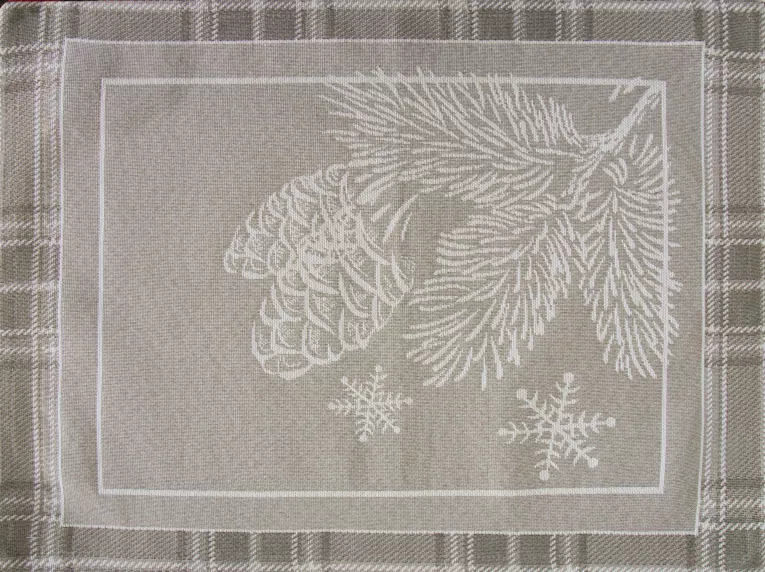 Podkładka na stół ciemnobeżowa 35x45 cm gobelinowa HOLLY z motywem świątecznym i ozdobną kantą w kratę