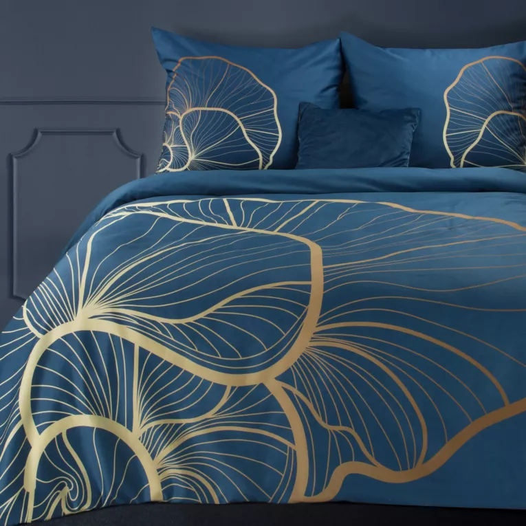 Ekskluzywna pościel 220x200 cm bawełniana kolor granatowy, złoty z nowoczesnym wzorem Reina Line