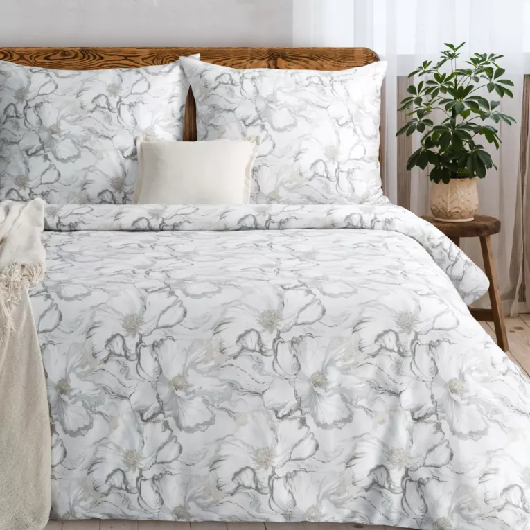 Pościel 140x200 cm komplet 2 częściowy z satyny bawełnianej kolor kremowy, jasnoszary  zdobiona nadrukiem kwiatów - LISA