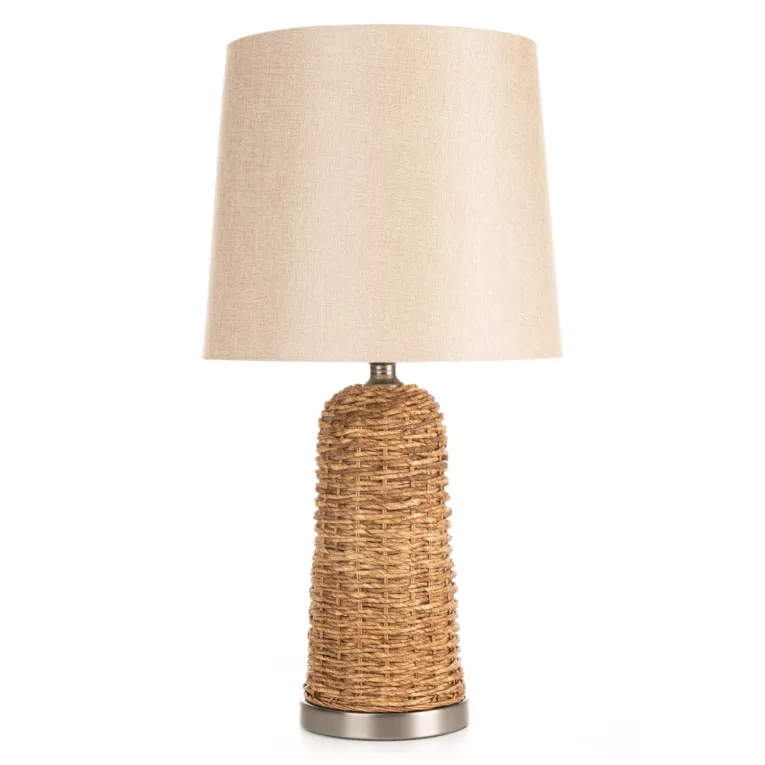 Lampa stołowa do kuchni beżowa, jasnobrązowa ARLO w stylu boho z plecionej podstawy i matowego abażuru