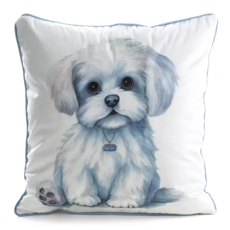 Poszewka na poduszkę 45x45 cm welwetowa biały, jasnoniebieski z motywem psa ANIMAL 84