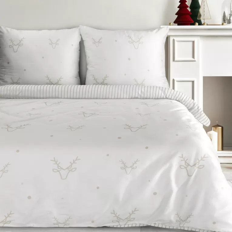 Pościel świąteczna 220x200 cm satyna bawełniana kolor biały, beżowy zdobiona nadrukiem subtelnych reniferów BOSQUE