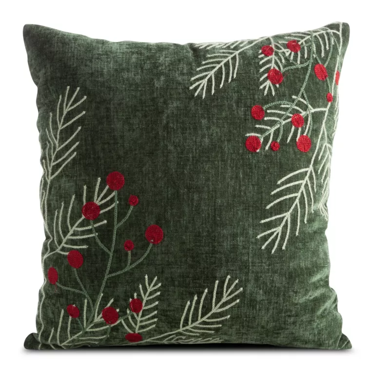 Poszewka na poduszkę świąteczna 45x45 cm z szenilowej tkaniny zielono, czerwona zdobiona haftem