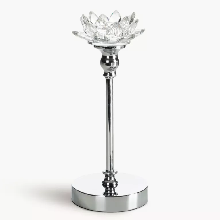 Świecznik dekoracyjny transparentny, srebrny o kształcie kwiatu lotosu średnica 12x29 cm DALIA 2