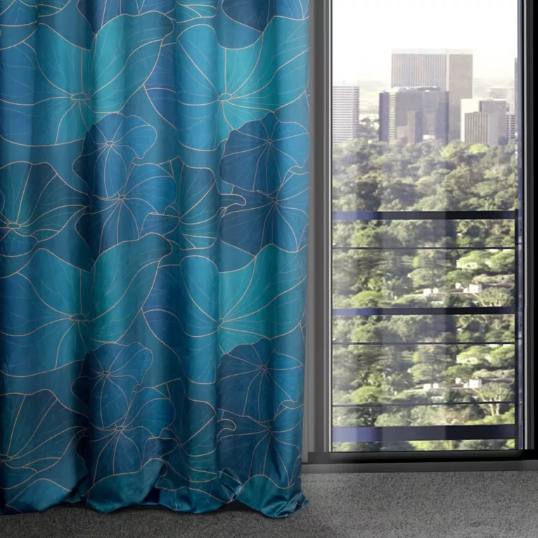LIMITED COLLECTION Zasłona LOTOS 2 z miękkiego welwetu z motywem liści lotosu HARMONIA TURKUSU