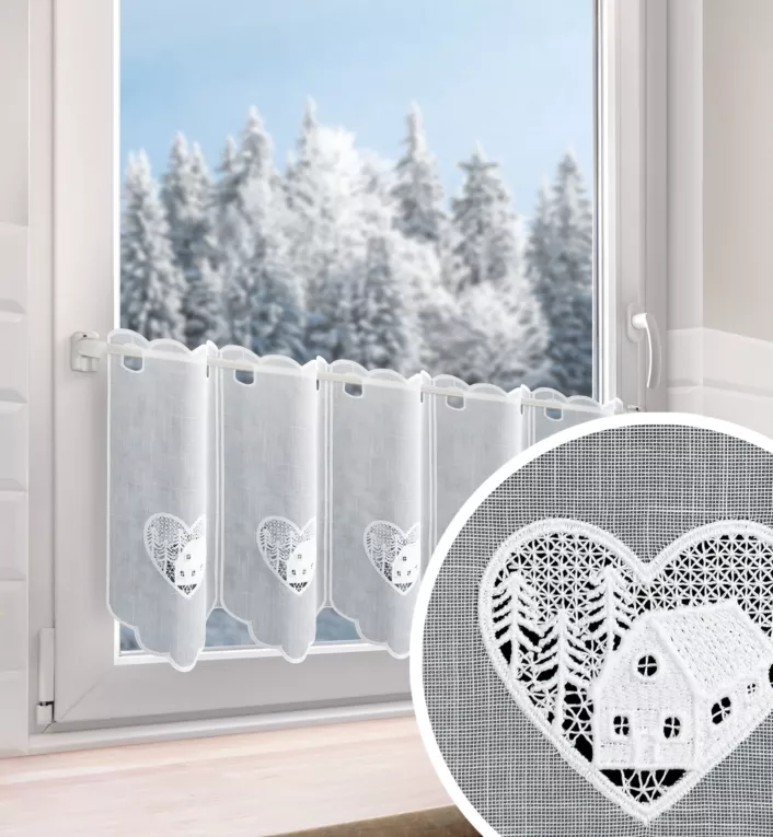 Tkanina firanowa zazdrostka świąteczna zdobiona haftem w ażurowe serce