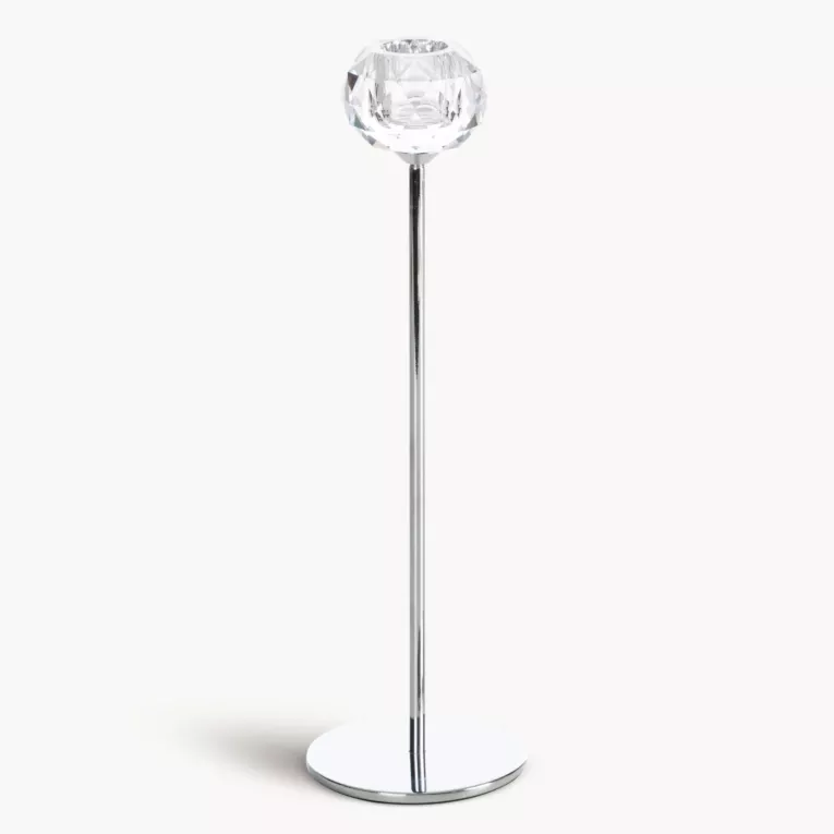 Świecznik dekoracyjny transparentny, srebrny o kryształowej okrągłej formie na smukłej nóżce średnica 8x27 cm LARA