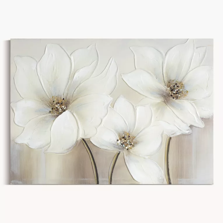 Obraz kremowo, beżowy ręcznie malowany na płótnie z motywem kwiatów 50x70 cm