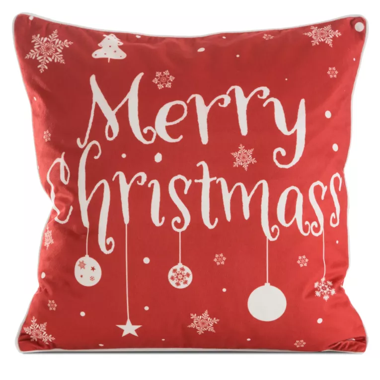 Poszewka na poduszkę 45x45 cm welwetowa, czerwono biała zdobiona uroczym motywem świątecznym