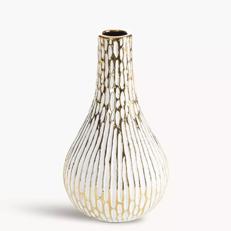 Wazon ceramiczny biało, złoty o ozdobnej fakturze 14x25 cm ANDREA