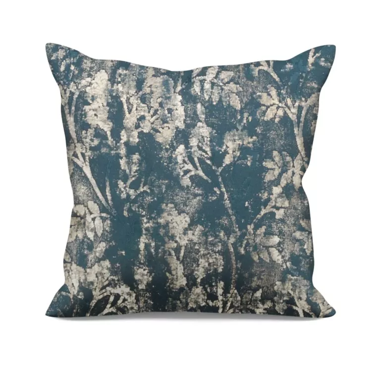 Poszewka szyta ciemnoturkusowo złocista z grubej, welwetowej tkaniny z roślinnym wzorem, zdobiona delikatnie połyskującym nadrukiem