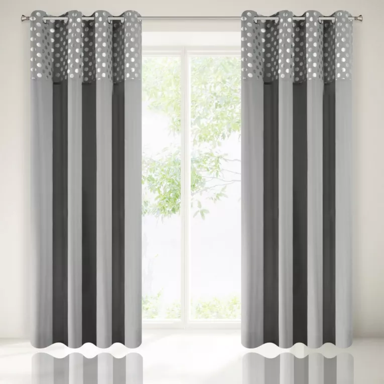 Zasłona gotowa BLINK z ozdobnym pasem z nadrukiem w srebrne grochy