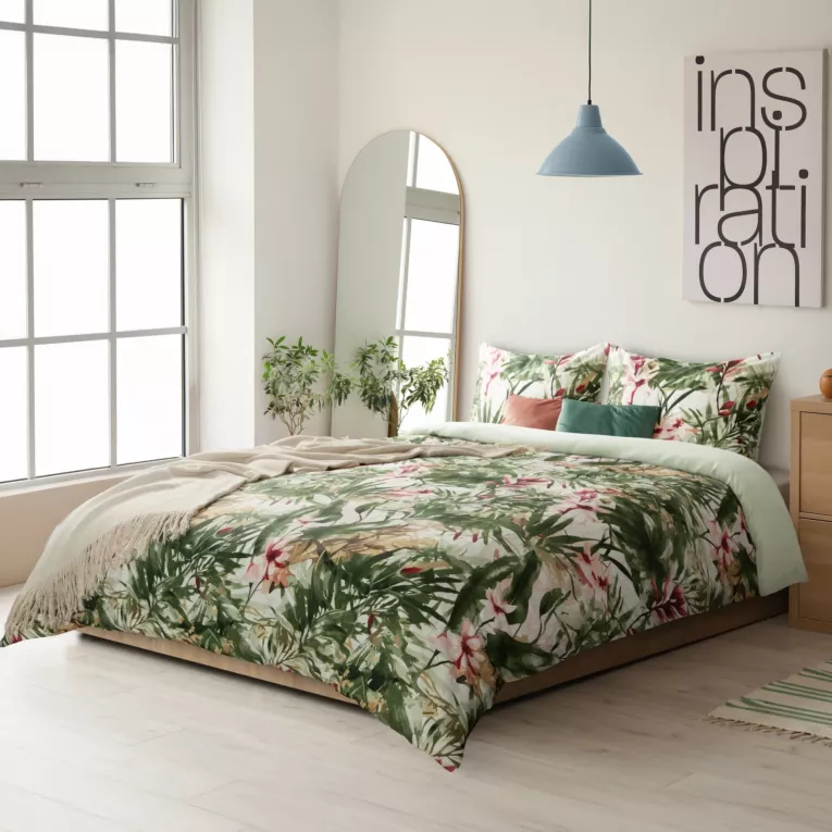 Pościel 140x200 cm bawełniana kolor biały, zielony z wzorem egzotycznych liści SPRING 43