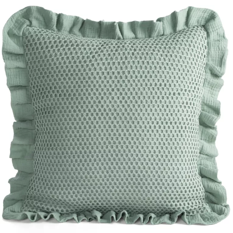 Poszewka na poduszkę 45x45 cm muślinowa z siateczką oraz ozdobną falbanką na brzegach szałwiowa MUŚLIN 2