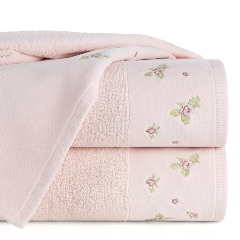 Ręcznik kąpielowy 50x90 cm bawełniany kolor różowy zdobiony haftem różyczek DALIA