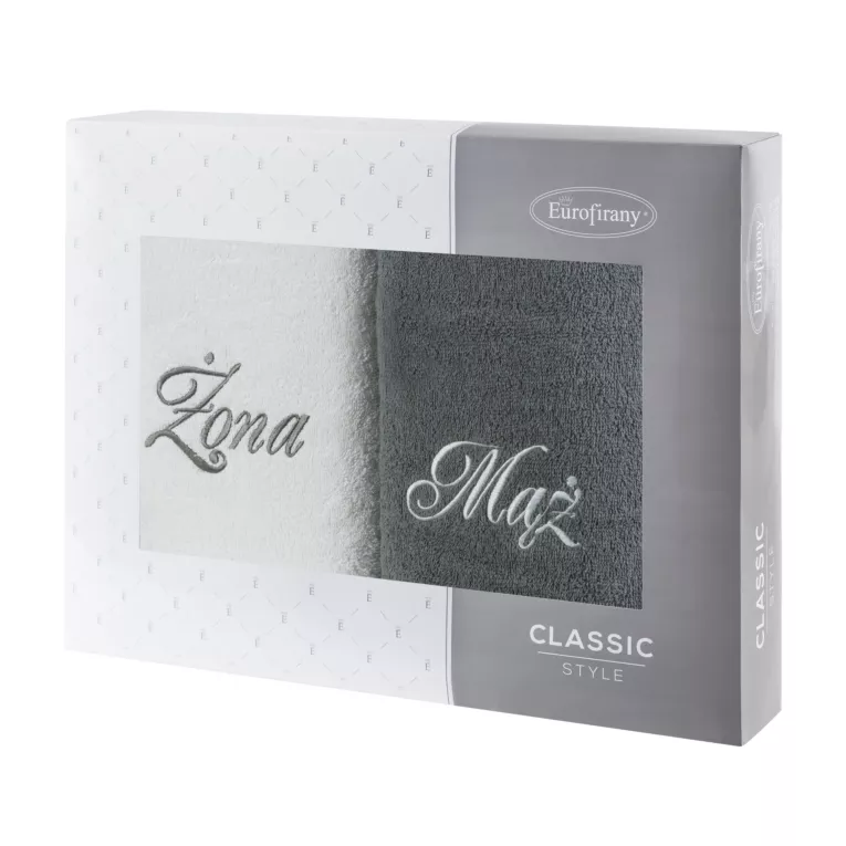 Zestaw ręczników bawełnianych na prezent 2 szt 50x90 cm z haftem Żona i Mąż kolor biały,popielaty 400 g/m2