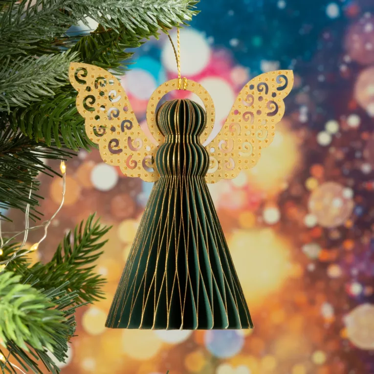 Figurka świąteczna ANIOŁ z złotymi ażurowymi skrzydłami w stylu eko
