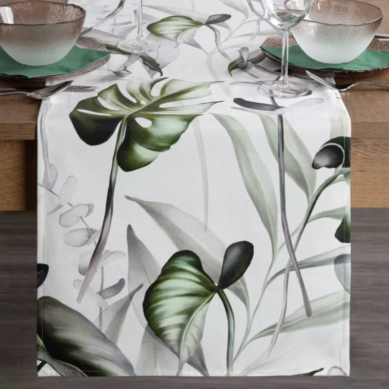 Bieżnik na stół biało, oliwkowy 40x140 cm welwetowy ELLEN zdobiony nadrukiem liści monstery DESIGN 91