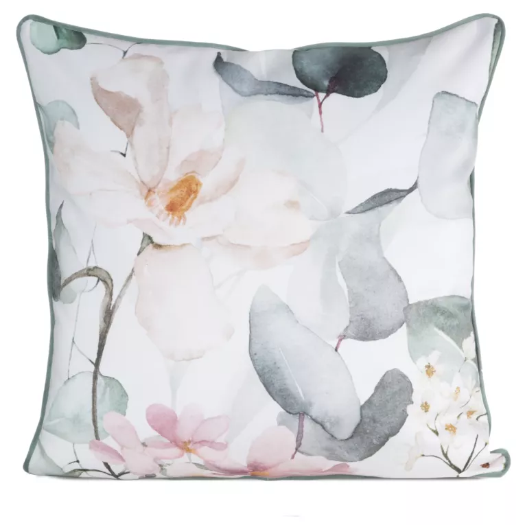 Poszewka na poduszkę dwustronna 60x60 cm welwetowa, biało zielona z motywem roślinnym z wypustką na brzegach JULIET Eurofirany Premium