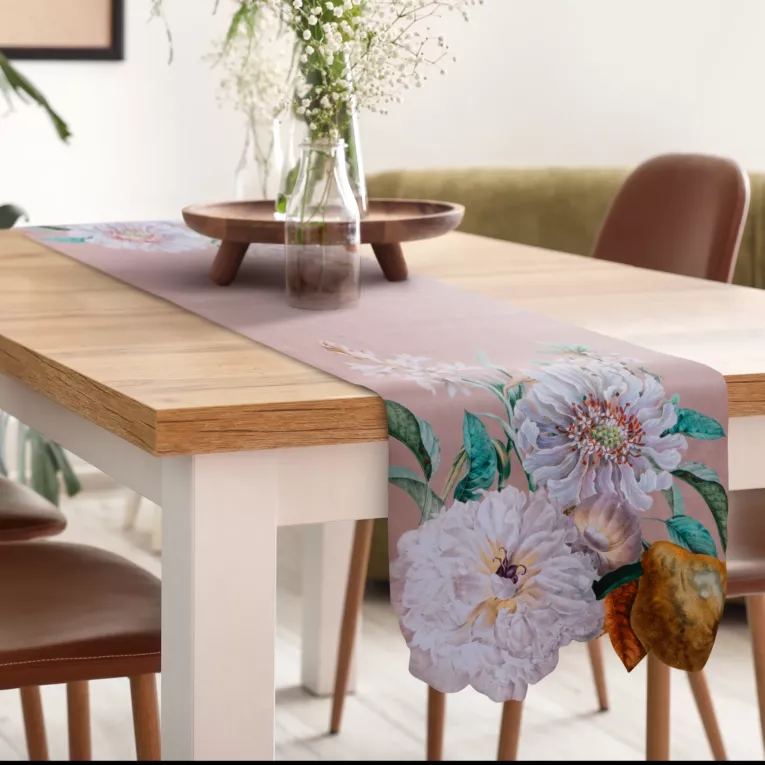 Bieżnik na stół ciemnobeżowy, zielony 40x140 cm SUMMER 5 z nadrukowanym motywem roślinno-zwierzęcym