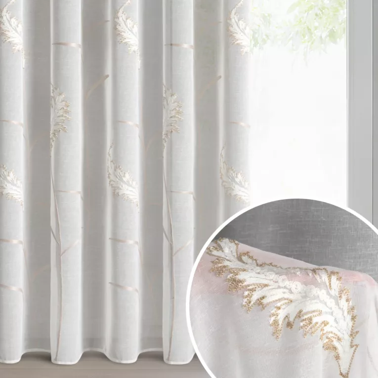 Firana kremowa z matowej etaminy zdobiona haftem z dodatkiem złotej nici  140x270 cm taśma  - AURELIA