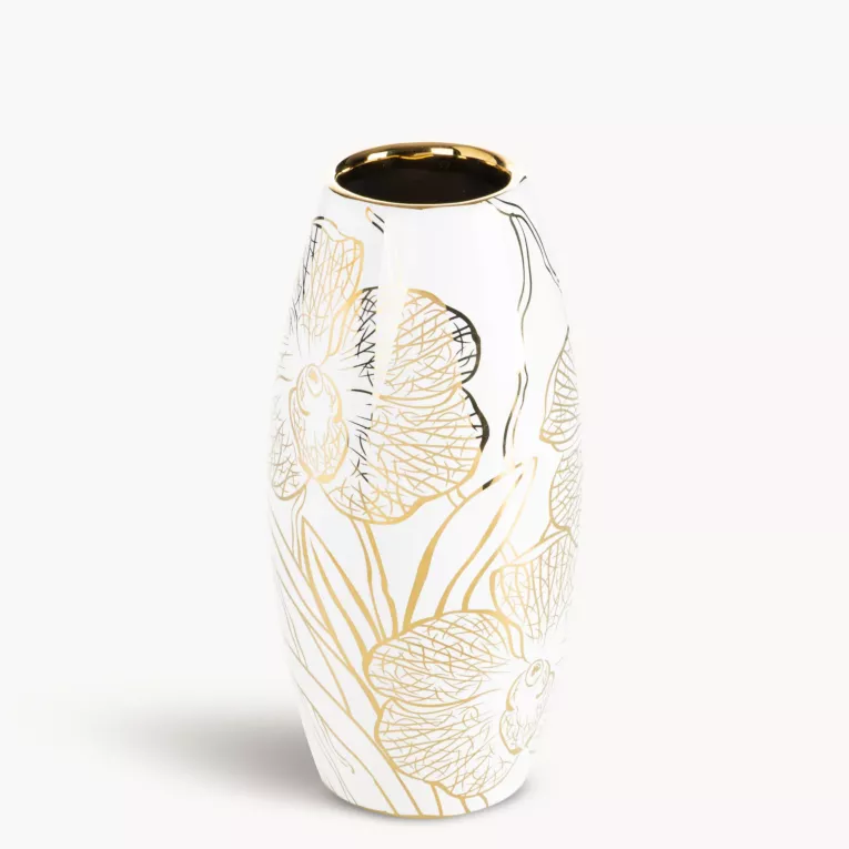 Wazon dekoracyjny biało, złoty zdobiony motywem roślinnym 12x25 cm GLEN