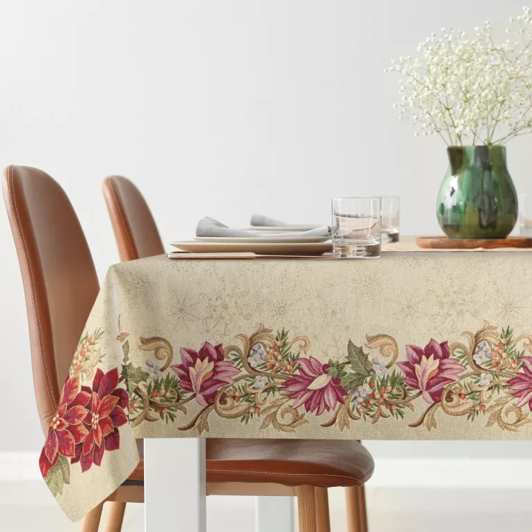 Obrus złoto, czerwony 140x180 cm gobelinowy z motywem gwiazdy betlejemskiej