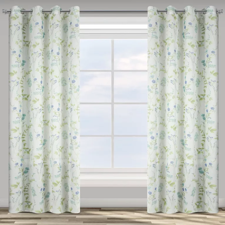 Dekoracja okienna biało, niebieska z lekkiej matowej etaminy z nadrukiem kwiatów 140x250 cm przelotka MIA Design 91