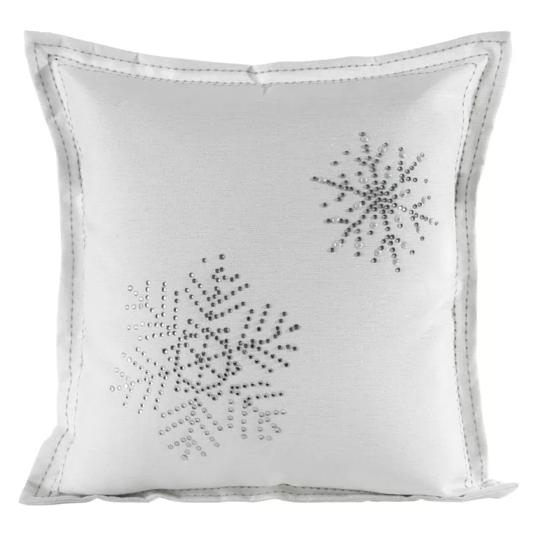 Poszewka na poduszkę 45x45 cm biało srebrna zdobiona błyszczącym wzorem i wypustką na brzegach