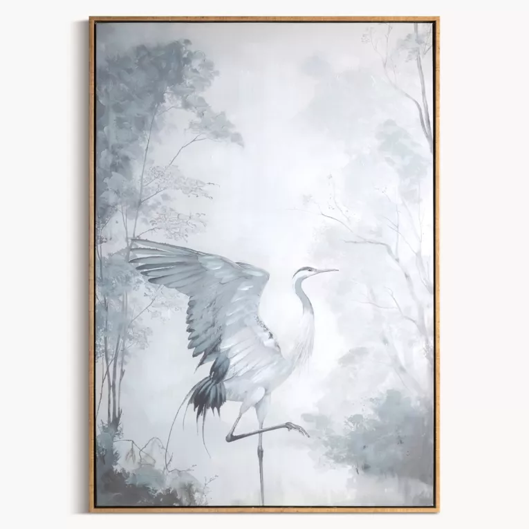 Obraz kremowo, jasnopopielaty ręcznie malowany na płótnie ptak 60x90 cm