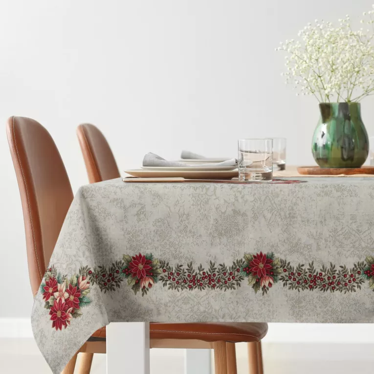 Obrus naturalno, czerwony 140x180 cm gobelinowy z motywem świątecznym