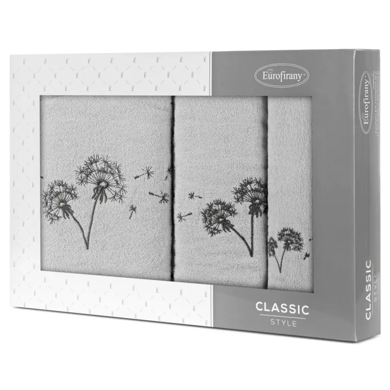 Zestaw ręczników bawełnianych na prezent 3 szt kolor srebrny , stalowy z haftem kwiatów 400 g/m2 MOLI