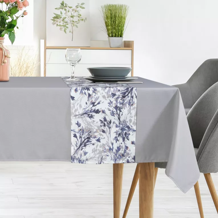 Komplet obrus z bieżnikiem jasnoszaro, biały 140x180 cm ANITA 3 zdobiony subtelnym wzorem roślinnym