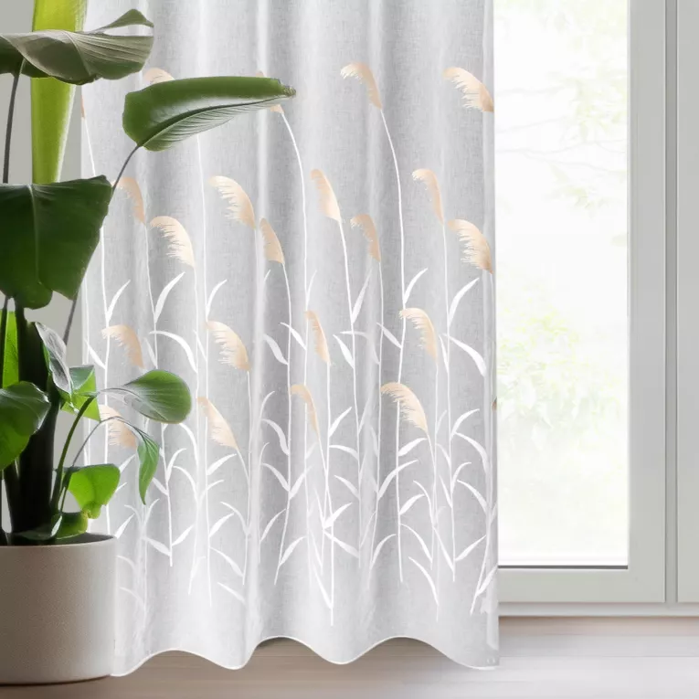 Firana kremowo, beżowa zdobiona haftem trawy pampasowej 140x250 cm ABBIE